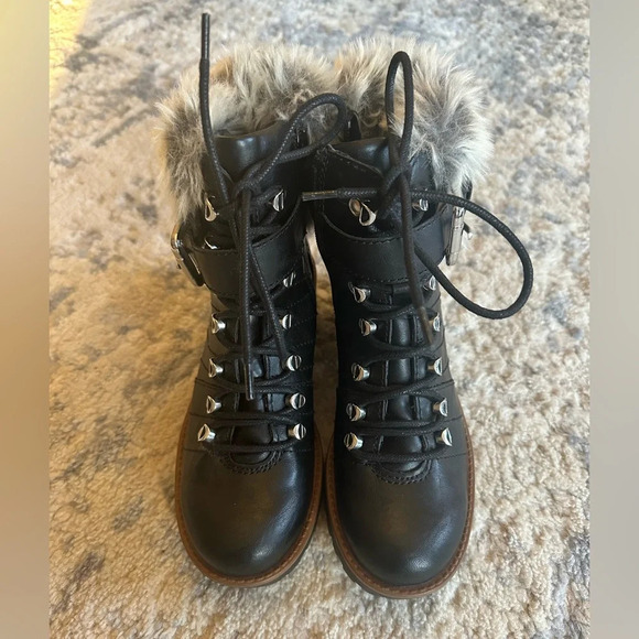 Sun + Stone Black Faux Fur Trim Lace-Up Hiker Boots Women’s Size 6 - Picture 3 of 7